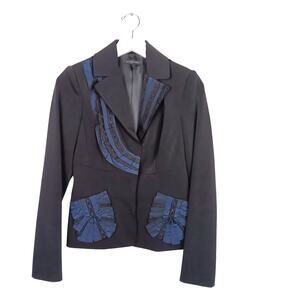 ELIE TAHARI Dinner Jacket Tuxedo Lapel Ruffle Pockets Black & Navy Taffeta Small